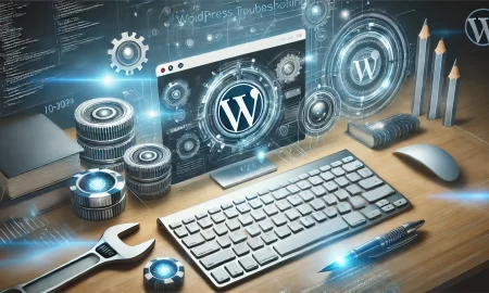 Un bureau avec un clavier, une souris et des écrans numériques affichant des logos WordPress entourés d'engrenages et d'effets numériques, avec des outils comme une clé et un stylo à proximité.