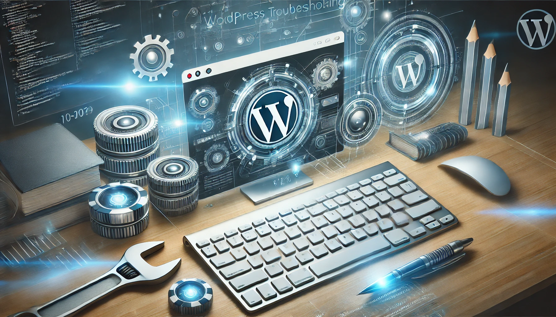Un bureau avec un clavier, une souris et des écrans numériques affichant des logos WordPress entourés d'engrenages et d'effets numériques, avec des outils comme une clé et un stylo à proximité.